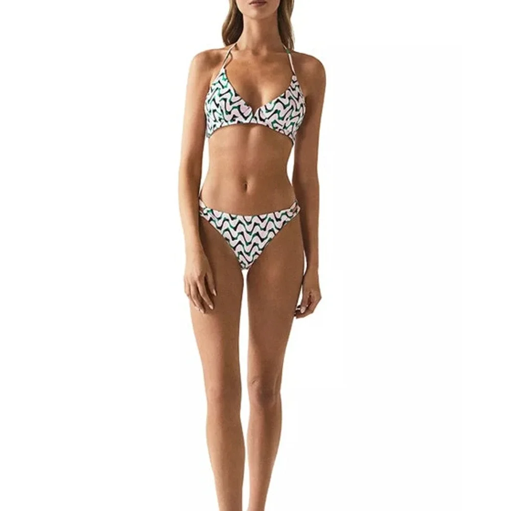 REISS Audrinna Bikini Top Size 2 NEW Pink Green $70 V Front Cups Tie Halter